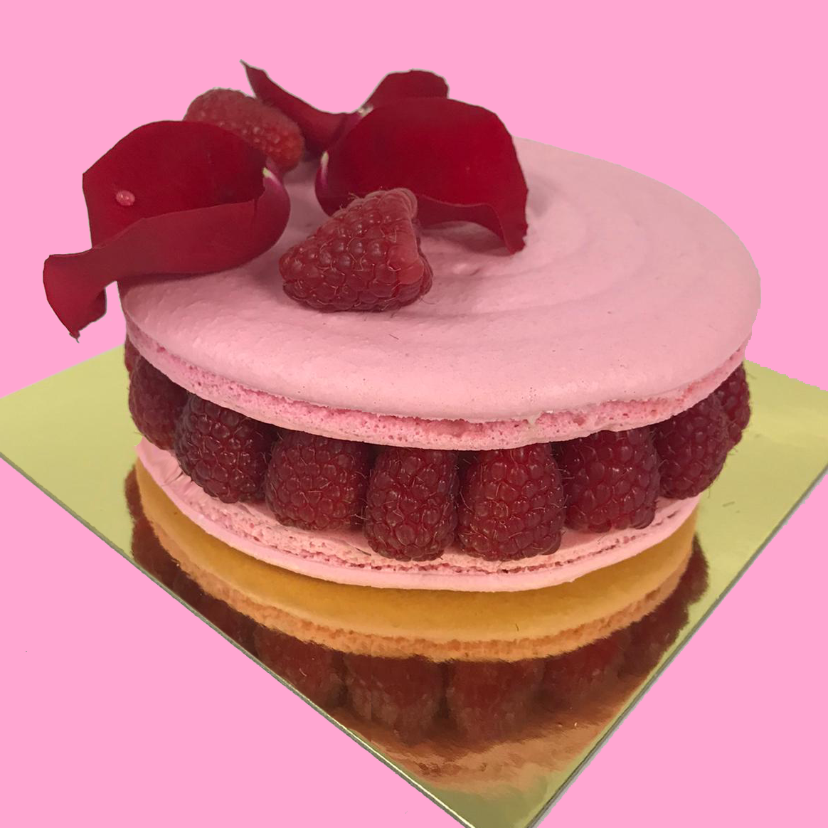 Rose, raspberry, & lychee macaron cake